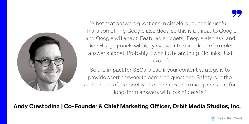 Curious how #ChatGPT could impact <a href="/Google/">Google</a> and the digital marketing world? We asked leading industry experts to weigh in. Here's what <a href="/crestodina/">Andy Crestodina</a> of <a href="/orbiteers/">Orbit Media Studios</a> says about the benefits and potential pitfalls for our industry ⬇️          (🧵1/2)
(Read more: ow.ly/u49K50Mt0ak)