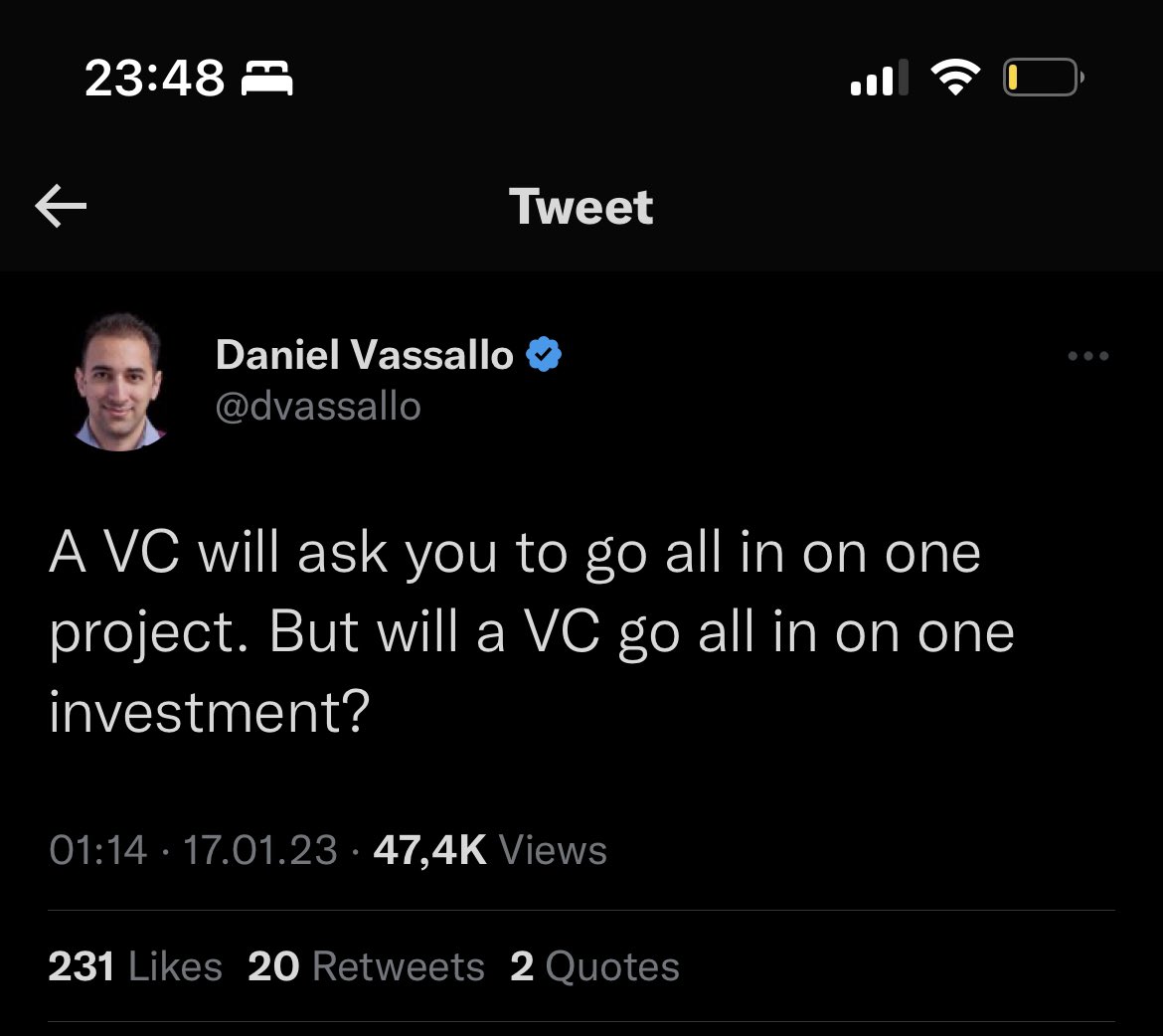 Nikenavik's tweet image. This post from @dvassallo got me thinking. VC is all in on one project. That’s the firm.The product he has are the returns which she has to sell to her customers (I.e LP’s). Founders are the producers. So VC’s are on 1 project. 👍🏼 #VentureCapital #investors