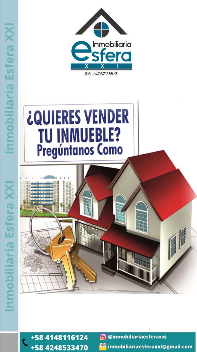 Teléfono: +58 414 8116124
+58 424 8533470
Correo: inmobiliariaesferaxxi@gmail.com
Instagram: @inmobiliariaesferaxxi
Linkedln: Inmobiliaria Esfera XXI
Facebook: Inmobiliaria Esfera XXI
Youtube: Inmobiliaria Esfera XXI
Pinterest: Inmobiliaria Esfera XXI