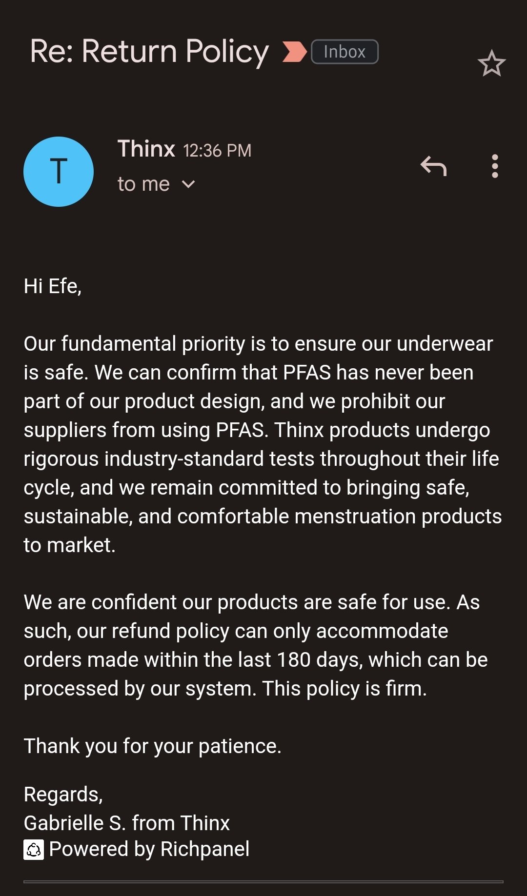 Efe on X: I knew they would send a generic denial email in response to  asking for a refund but I thought I'd shoot my shot. They claim that PFAS  are not