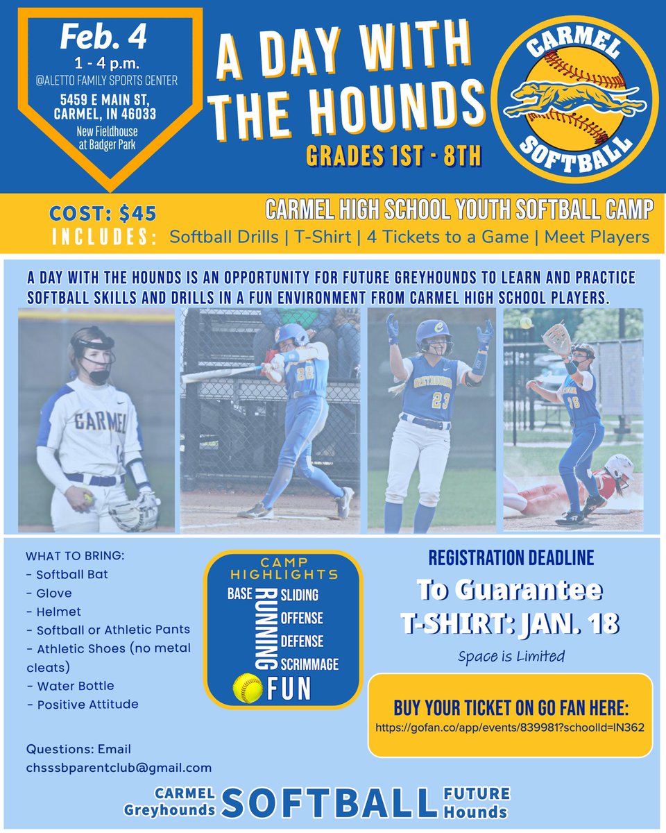 Come join the CHS softball team for a winter skills camp! If your camper wants to receive a “Future Hounds” t-shirt, the deadline for registration is tomorrow January 18! <a href="/carmelathletics/">Jim Inskeep</a>