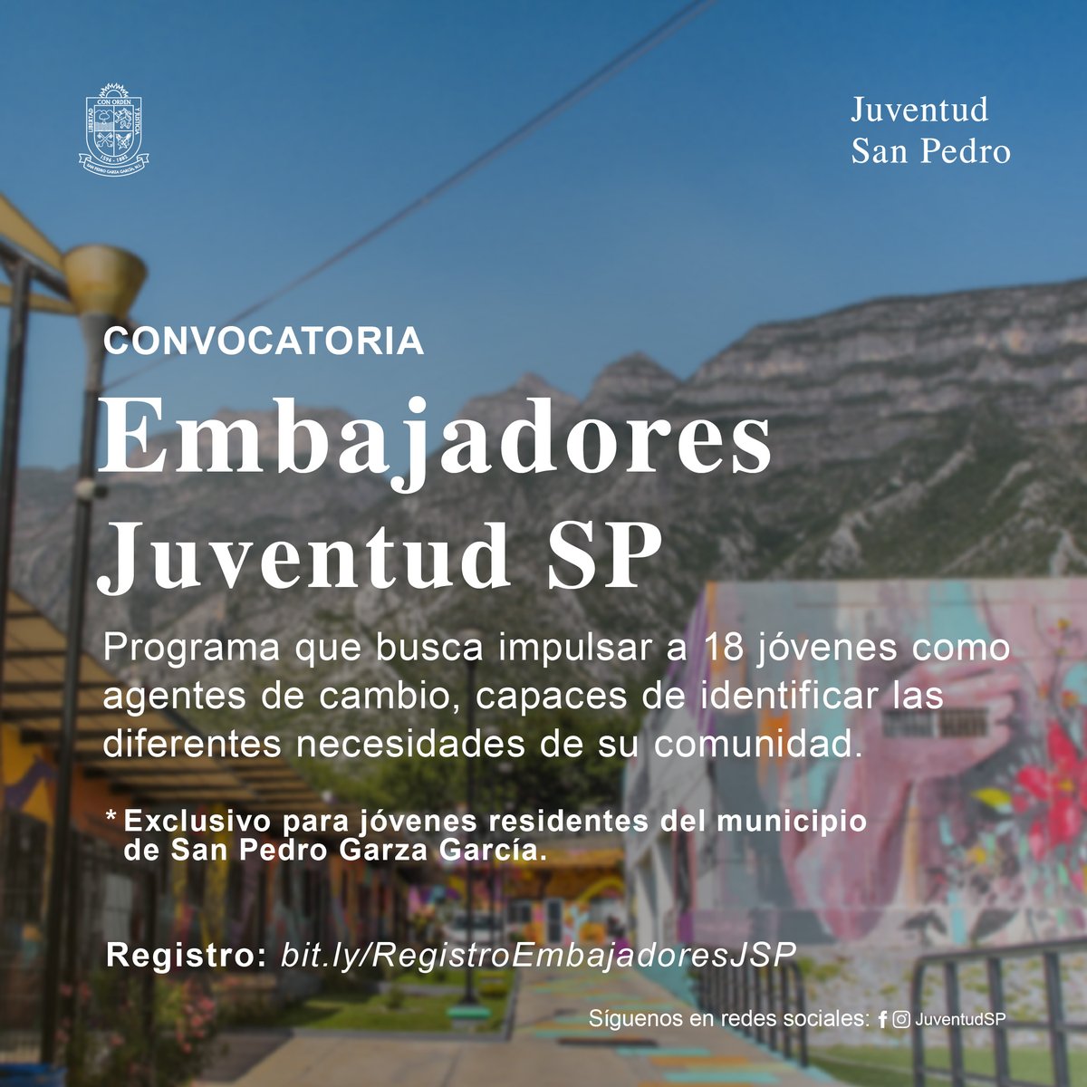 juventud_sp's tweet photo. ¡Te estamos buscando! 🔍
Sé parte de l@s Embajadores JuventudSP 👥

Este programa busca impulsar a 18 jóvenes como agentes de cambio, capaces de identificar las diferentes necesidades de su comunidad. 💪

➡️ Completa tu registro: https://t.co/dwxTO2JT6X #SPGG https://t.co/02vmXIGsuN