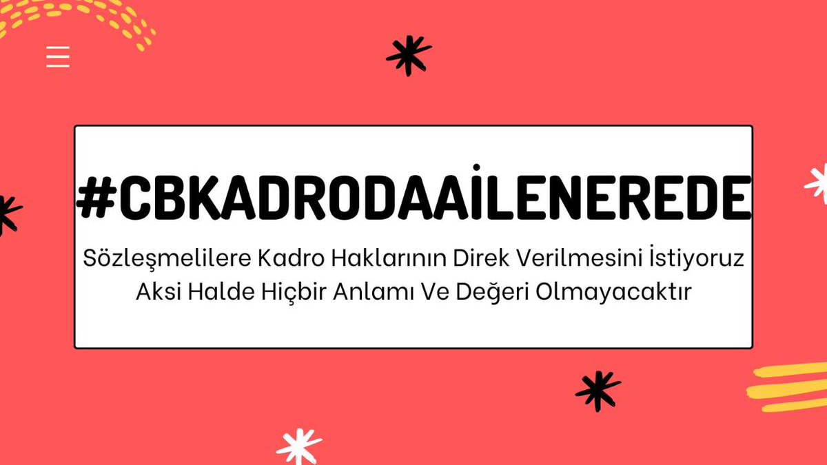 Kadro ile 657 tabii olacağız aile birliği hakkımızdan 1 yıl da yararlanmak hakkımızdır.
Aile birliği ibaresinin güvence altına alınmasını istiyoruz.
Güveniyoruz.
<a href="/RTErdogan/">Recep Tayyip Erdoğan</a>
<a href="/NumanKurtulmus/">Numan Kurtulmuş</a> 
<a href="/fuatoktay/">Fuat Oktay</a> 
<a href="/israfilkisla/">İsrafil KIŞLA</a>
<a href="/ikalin1/">İbrahim Kalın</a>
<a href="/hasandogan/">Hasan Doğan</a>
#CbKadrodaAileNerede