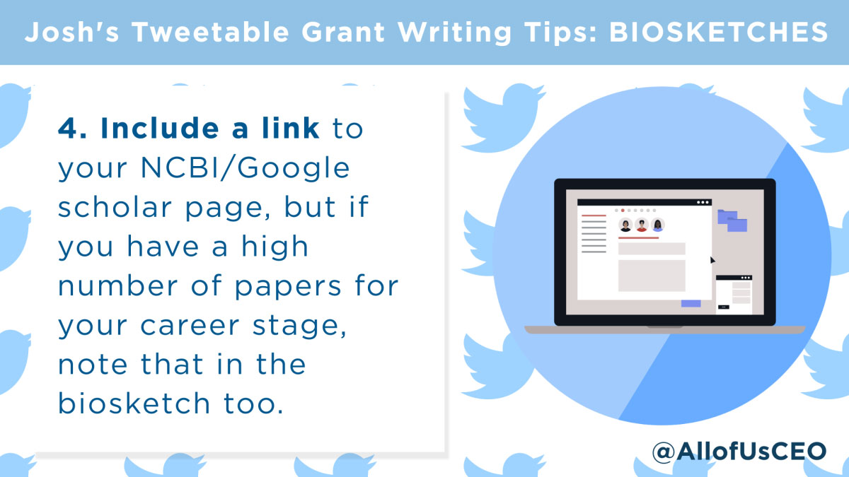 Biosketches might be the last thing you think about tailoring, but pay attention to this important document for each proposal. It’s another place where you can show you’re a good fit for the funding opportunity. #JTGWT #grantwriting #AcademicChatter (1/2)