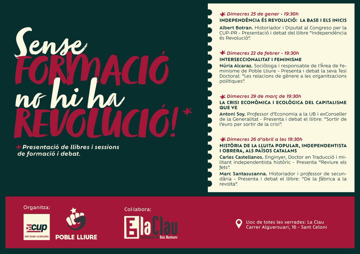 ✊🏼📚 Sense formació, no hi ha revolució📚✊🏼

Comencem l'any instruint-nos! 👉🏾Cada últim dimecres de mes, de gener a abril, presentem un llibre i fem una tertúlia temàtica a les 19:30 a La Clau @laclaubaixmontseny 🧐