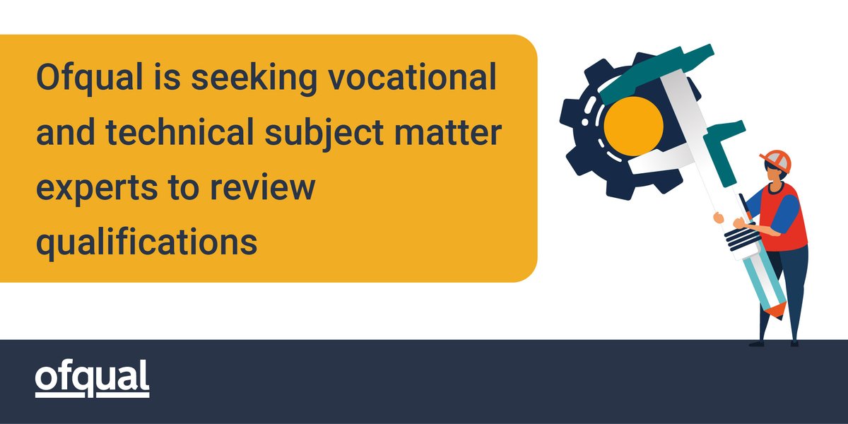 ofqual's tweet image. Ofqual is looking for subject matter experts with skills, knowledge and experience in vocational and technical subjects to review qualifications. 

Register your interest now: 👇

…r-your-interest.experts.ofqual.gov.uk/?utm_source=tw… 

#SubjectMatterExperts