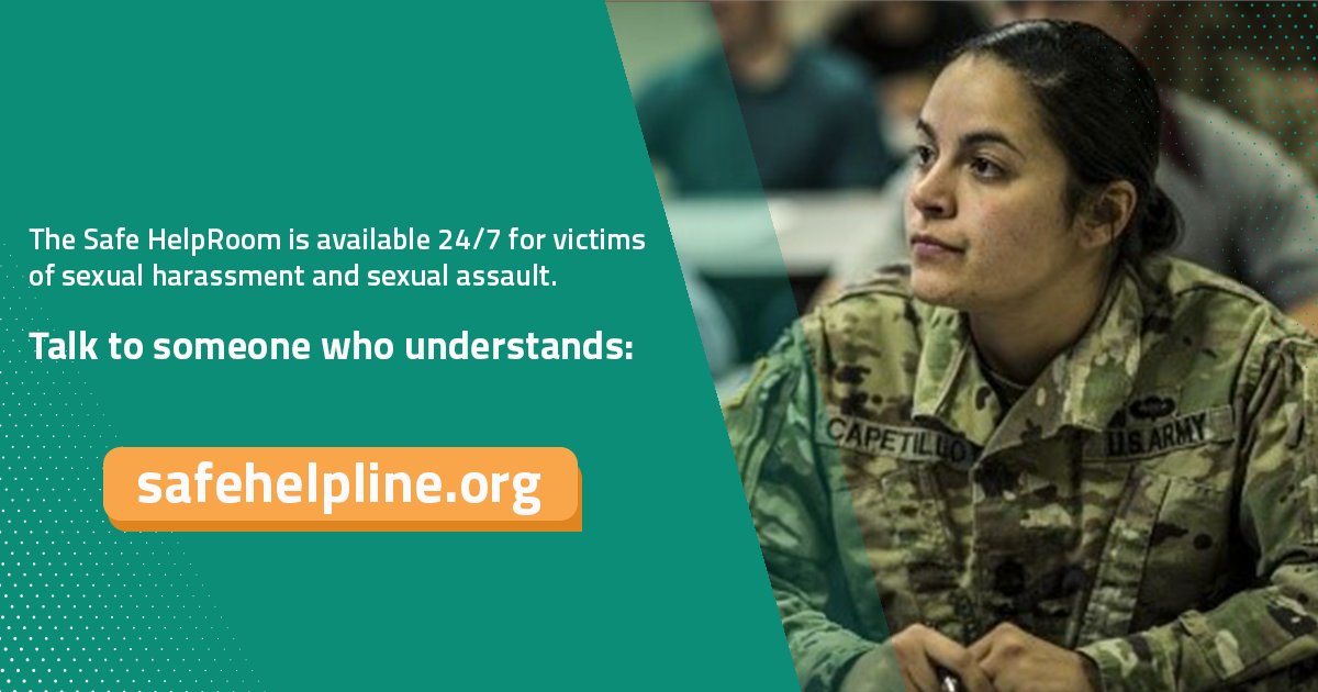 ArmyResilience's tweet photo. The Safe HelpRoom is available 24/7 for victims of sexual harassment and sexual assault. Talk to someone who understands: https://t.co/RqENWuRkau
#SHARP #SafeHelpline https://t.co/jBpI375cGI