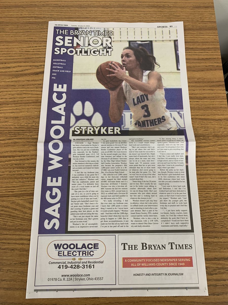 I wrote this week’s senior spotlight on Stryker’s Sage Woolace, who has been an important presence for Stryker Athletics the last few years and whose impact will be felt for years to come.

Story: