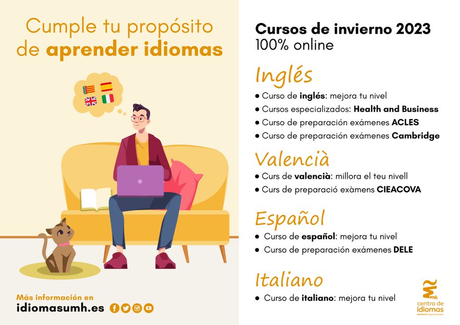Derecho_UMH's tweet photo. 📢📢Abierta la inscripción a los cursos de idiomas! lengua general #Cambridge, #ACLES o #Cieacova.
Toda información sobre la nueva oferta de formación se encuentra aquí👉 https://t.co/5m10GVWiDB @IdiomasUMH https://t.co/zUvszZkqVf