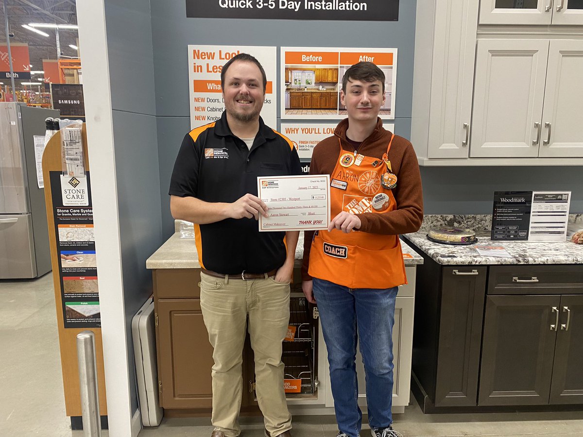 TJSanders61's tweet photo. Headed out to Store 2305 today in Westport to celebrate a win! Aaron is the ASDS and he took a little time to #justask and that led to a $13k cabinet makeover sale! Way to go Aaron! #makeovertakeover @KenBaer1 @HDIMakeoverMike https://t.co/mSCKbGyXJN