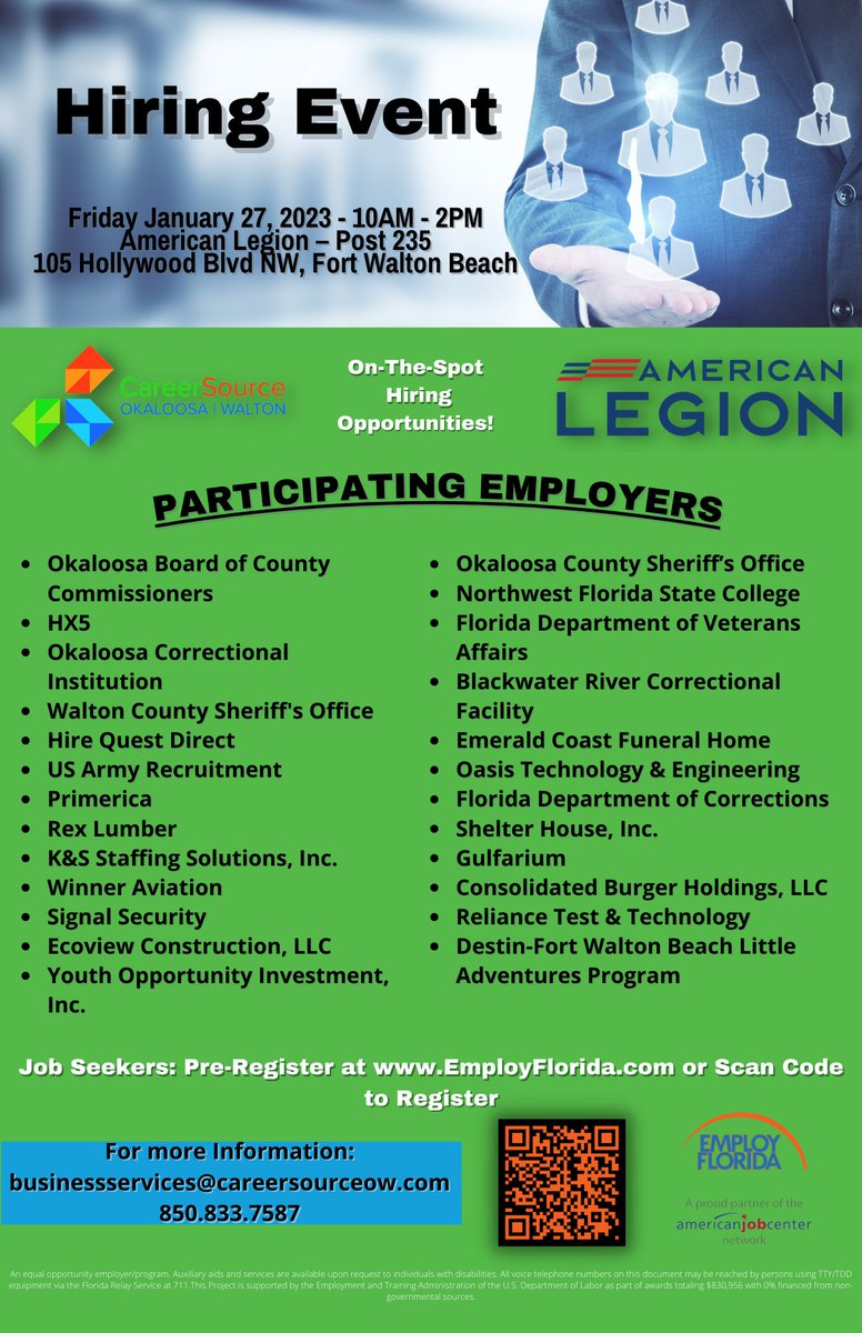 Updated List of Participating Employers for our First hiring event of 2023. Friday January 27, 10 - 2 at American Legion, post 235 FWB. 25 Employers in fields like Law Enforcment, Aviation, Technology, Construction, Engineering, Security, Food Service, and more ready to meet YOU!