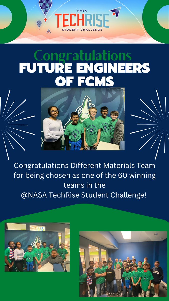 MrsJBarney's tweet photo. Congratulations to the Future Engineers of FCMS for winning the @NASA TechRise Student Challenge. Our students’ won the opportunity to build and fly a payload on a high-altitude
balloon with World View. Go #Yotes @FortMillSD #ForestCreek
#NASATechRise https://t.co/u7VpF3T7tm https://t.co/PdyuH25Kye