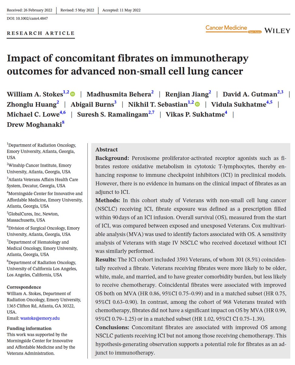 A new report led by @StokedStokes, sponsored by Emory's Morningside Center for Innovative and Affordable Medicine & the VA, sheds light on the impact of concomitant fibrates on immunotherapy for NSCLC. #lcsm onlinelibrary.wiley.com/doi/epdf/10.10…