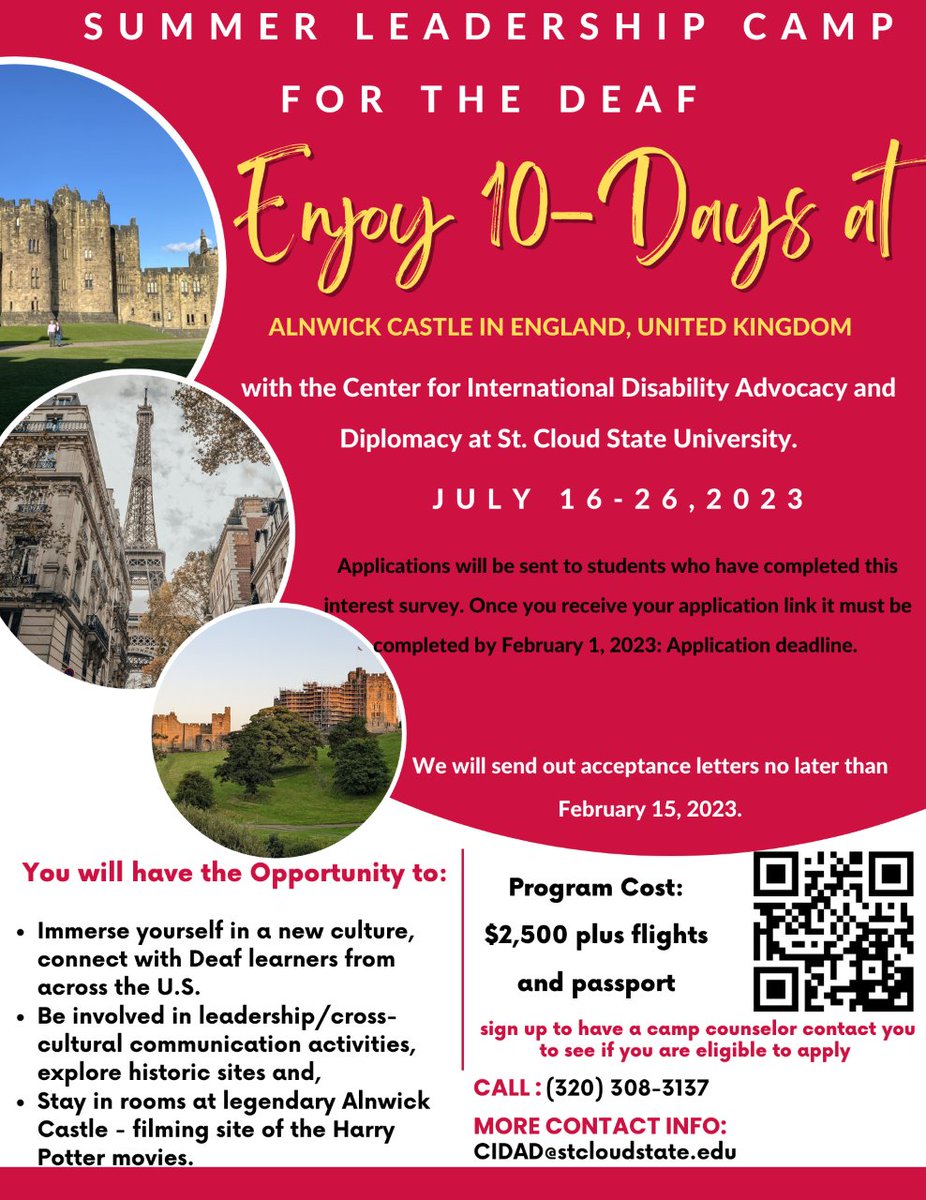 CidadScsu's tweet photo. Summer Deaf Leadership Camp!!

When: July 16-26, 2023
Where: Alnwick Castle in England, UK
For Who: Deaf high school students https://t.co/ncsP4CW3gt
