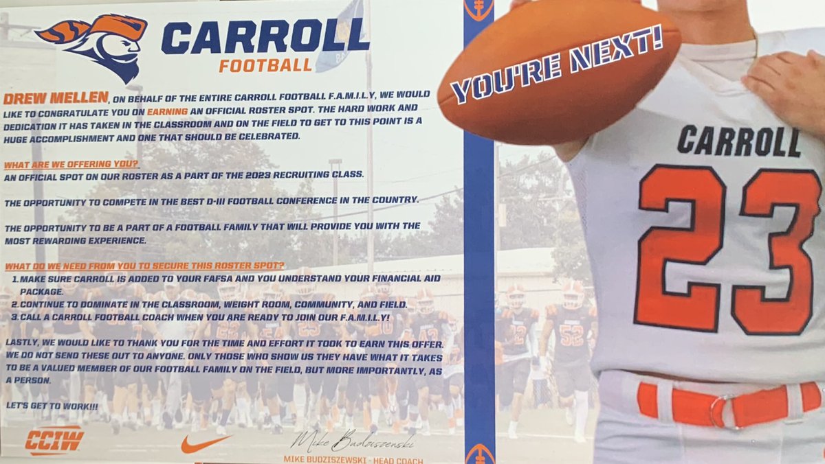 mellen_drew's tweet photo. After a great visit, I’m blessed to say that I’ve received an offer from Carroll University! #rollpios @CoachBuddah @CoachHolleyCU @OLCoach_Ack 

@ParkerBlake60 @sabearsfootball @tstines5 @Coach_J_W https://t.co/n7EhuZWoEG