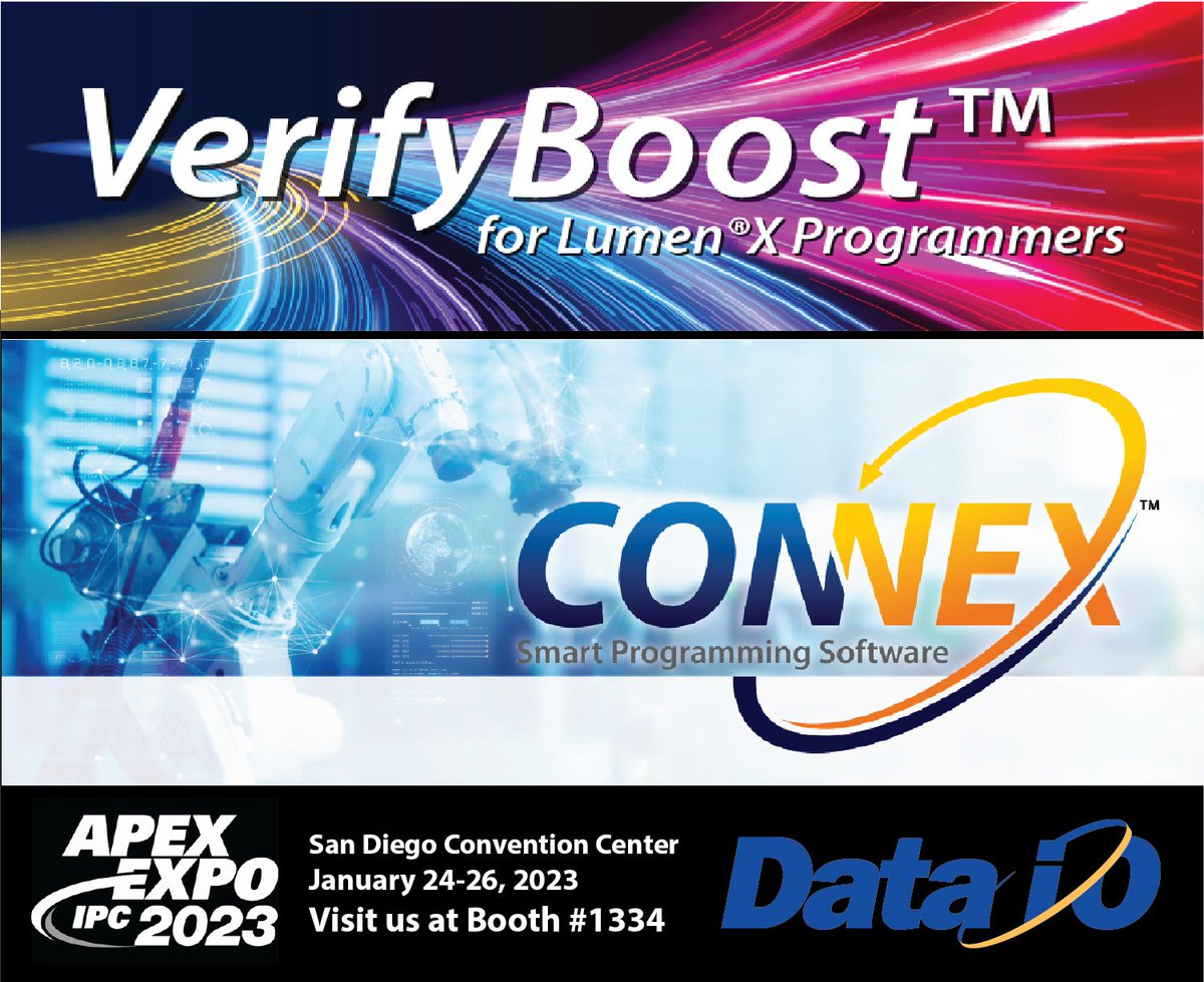DataIO_Company's tweet image. The @IPCassociation APEX Expo is next week! Stop by booth #1334 to see the latest from Data I/O: 🌐 PSV7000 / PSV5000 Automated Programming System, ConneX Software Solution, LumenX Software Solution with VerifyBoost #DAIO #ipcapexexpo #dataprogramming #ufs #connectedfactory