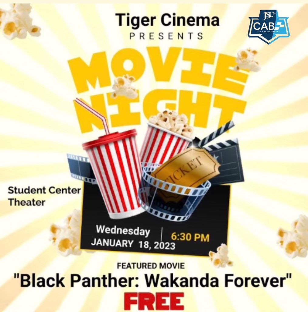 Tigers 💙 join us Tomorrow in the Student Center Theater <a href="/6/">Adrián Lamo</a>:30 as we watch Black Panther: Wakanda Forever !!!! 

#jsu24 #jsu26 #jsu25 #jsu26