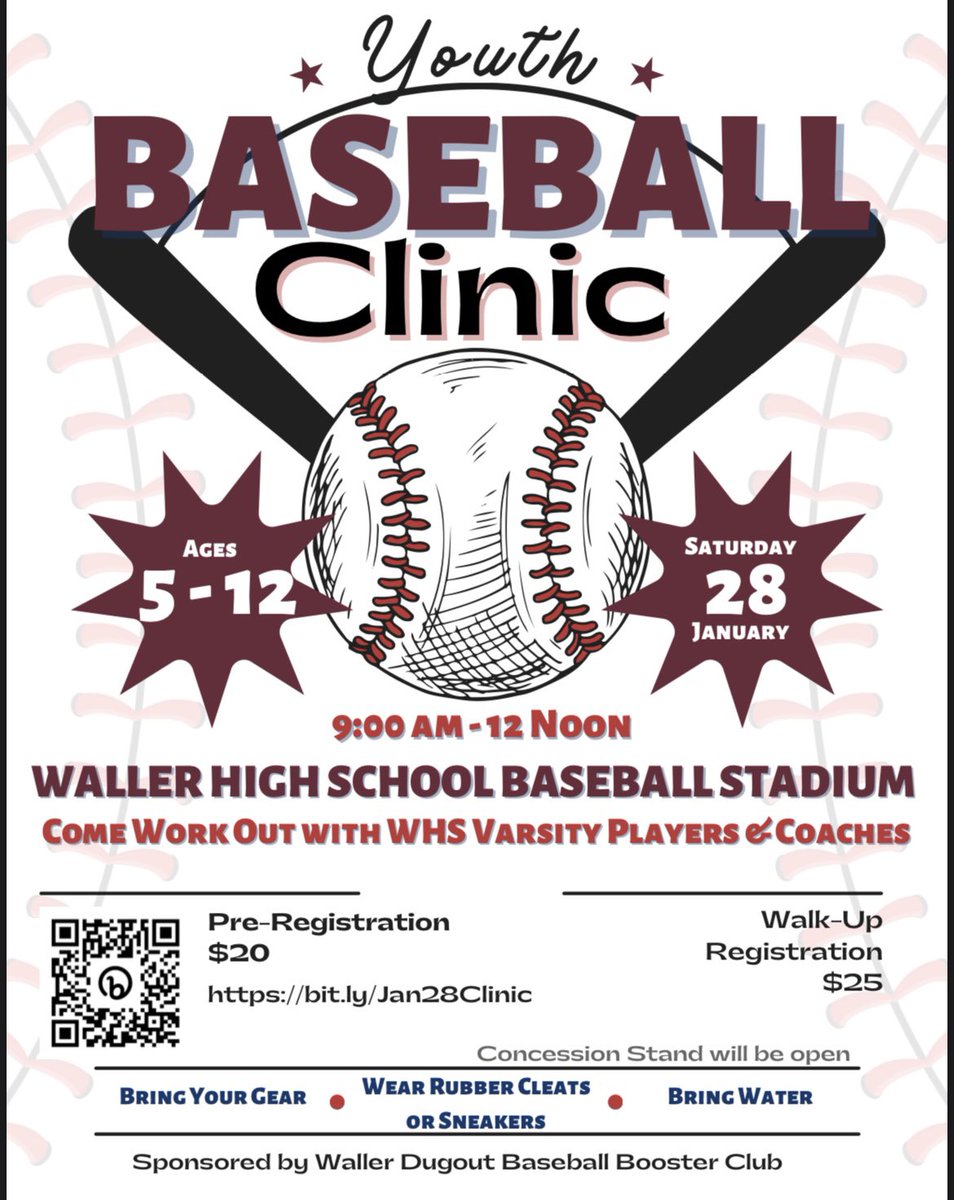 WHSbaseballfans's tweet photo. You don’t want to miss this event! Waller baseball players &amp; coaches will be there to help teach, model, and enhance your players skills all while learning what WISD teamwork is all about! Pre register today! 

#WISDbaseball #youthbaseballclinic #wallerbulldogs https://t.co/3oNnQnNyFs
