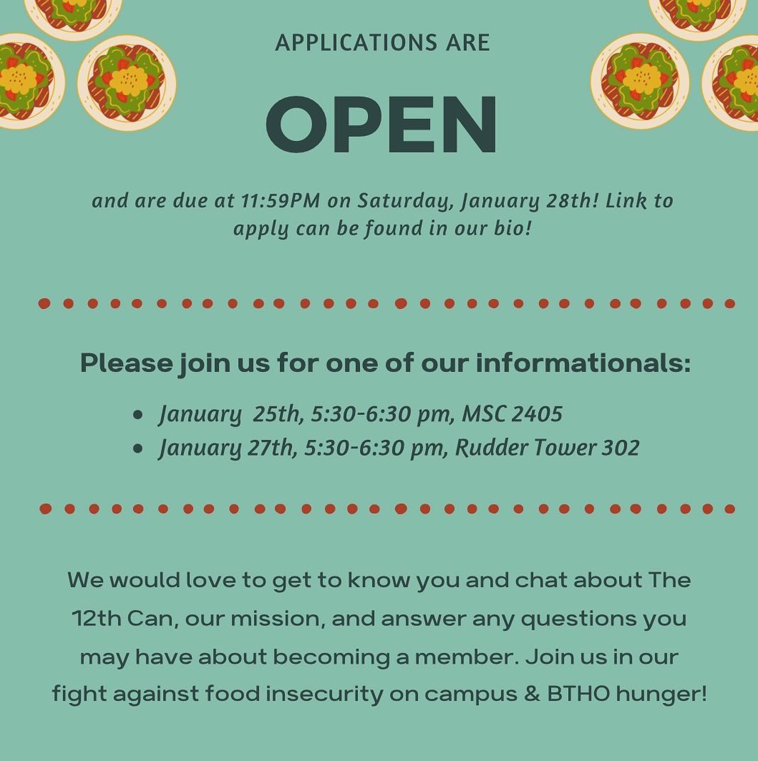 The12thCanTAMU's tweet photo. APPLICATIONS ARE LIVE! We would love to fill you in on who we are and what we do at one of our informationals! Hope to see you soon!!
#gigem #12thcan #the12thcan #BTHOhunger #tamu https://t.co/nkdoOKpXBl