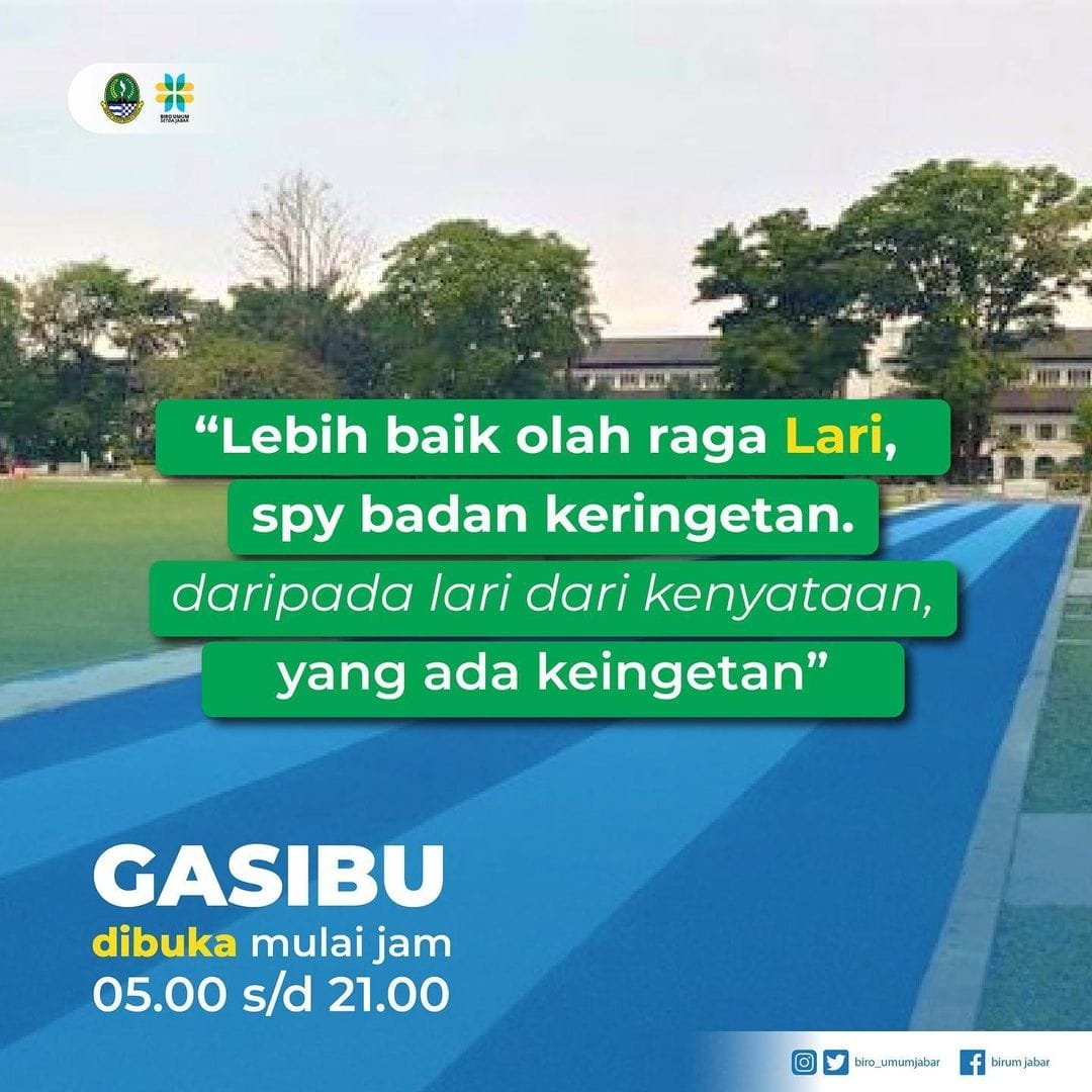 disporajabar's tweet photo. Info keren dari @biro_umumjabar 
 [JAM BUKA SOR GASIBU]
Halo #baladpora
Ada kabar gembiraa niihh. Jam buka Track Lari Gasibu buka lebih awal loh. Dari jam 05.00 sampai jam 21.00. 
Keren kan? https://t.co/ZXo9rTLEEy