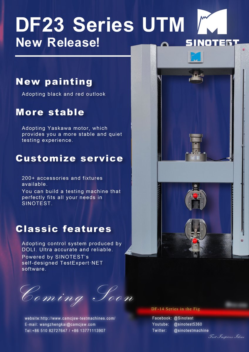 sinotestmachine's tweet photo. Check our new #SINOTEST DF23 series #UTM!
We adopt new painting this time 😆and Yaskawa servo system and motor can provide you a more stable and quiet testing experience!
Remember to subscribe our channel😉More details coming soon! https://t.co/Py9ca2w7Bx