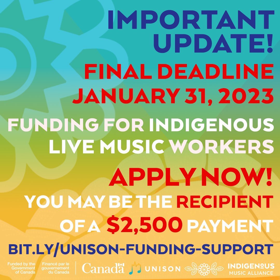 As an ongoing call-to-action, @UnisonFund has provided assistance to over 6,000 music workers across what is now known as Canada in 2023. The final deadline to apply for this program is January 31, 2023. Apply today. : bit.ly/UNISON-FUNDING… 🐢 💙 🔥
