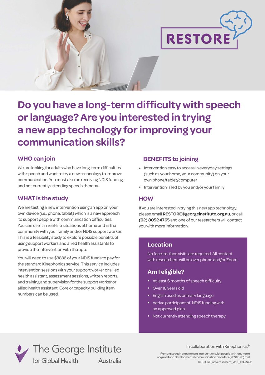 Do you have long-term difficulty with speech or language? Are you interested in trying a new app technology for improving your communication skills? For more information, contact @georgeinstitute at RESTORE@georgeinstitute.org.au, or (02) 8052 4765. #stroke #aphasia #research