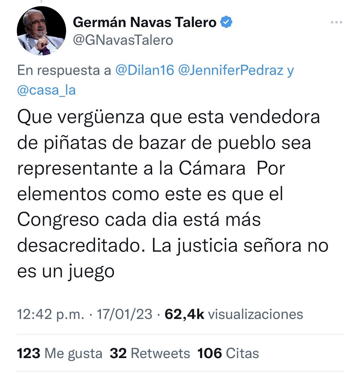 CathyJuvinao's tweet photo. Qué nivel de grosería y ordinariez la respuesta de @GNavasTalero a mi colega @JenniferPedraz, sin duda una de las nuevas caras brillantes y destacadas de la @CamaraColombia. El machismo ramplón en todo su esplendor. Mucho por trabajar en su masculinidad, señores ‘alternativos’. https://t.co/F7Lqxsk3Ey