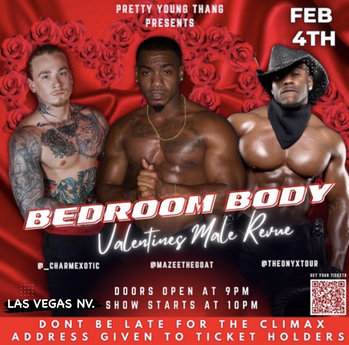 theonyxtourr's tweet photo. BEDROOM BODY 
  VDAY  MALE REVUE 🔥🥰🌹
           Las Vegas Location 
February 4th we liit, scan QR 
   Or simply DM me for tickets ..
@theonyxtourr @xxxryanscott @Mazeethegoat https://t.co/JhjxEjBrSg