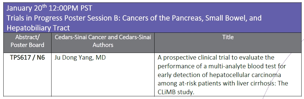 #CedarsSinaiCancer at #GI23. Dr. Ju Dong Yang @JuDongYang1 is co-author on a prospective clinical trial evaluating the performance of a multi-analyte blood test for early detection of #hepatocellularcarcinoma among at-risk patients with liver #cirrhosis. @CedarsSinaiMed #gicsm