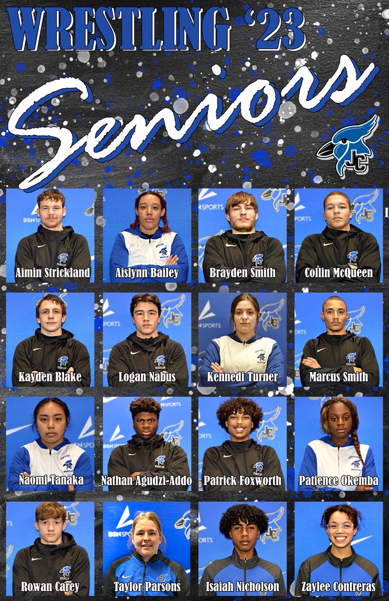 Senior Night 1/19-6pm in Blue Jay Event Center come support the 13 wrestlers &amp; 3 managers  ⁦<a href="/JCHS_Blunatics/">JCHS Blunatics</a>⁩ ⁦⁦<a href="/JCHS_Barstool/">JCHS Barstool</a>⁩ it’s #WhiteOutNight 🤍 &amp; #SeniorCitizenNight ⁩👴🏼👴🏾 taking on the Olathe South Falcons ⁦<a href="/CoachTGonzales/">T Gonzales</a>⁩ 1st 4 year Senior class