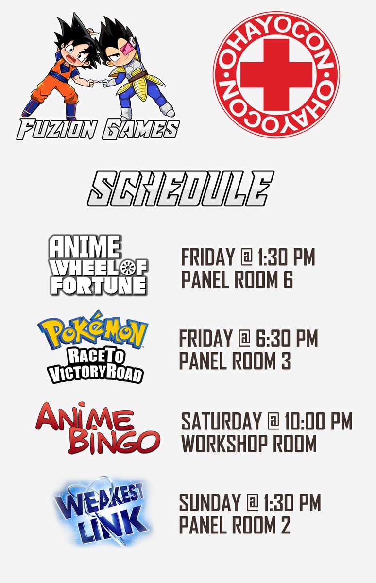 thefuziongames's tweet photo. This is our schedule for @Ohayocon 2023! Stop on by to participate in the fun and games! Earn EXP and win some prizes! https://t.co/nZaGLflzFc