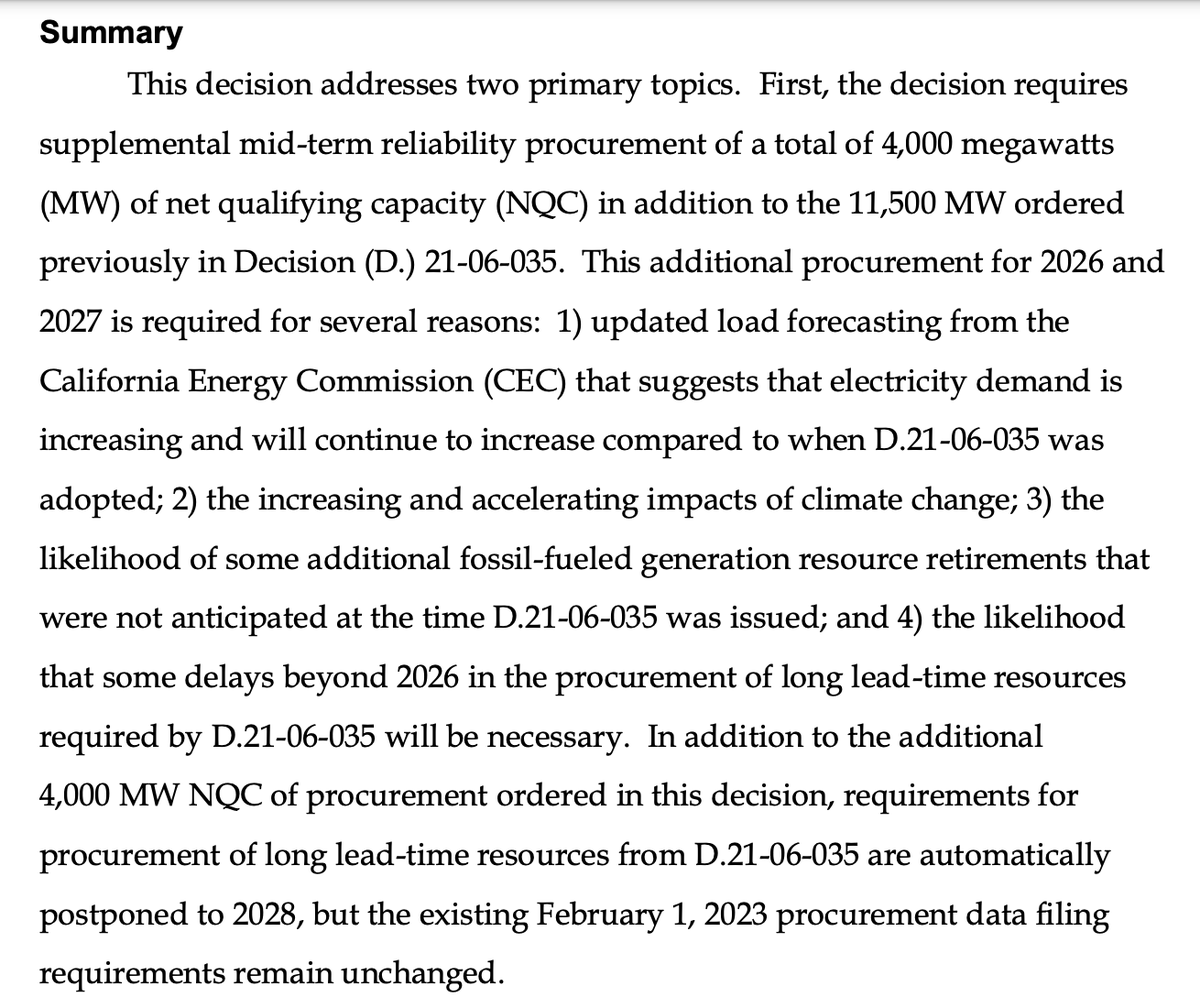 benserrurier's tweet photo. Easily missed before a holiday weekend, but the CPUC issued a proposed decision Friday for an additional 4,000MW procurement by 2028, additional to the 11,500MW ordered in 2021. A cheeky 15,500MW of carbon free capacity coming to CAISO in the next 5 years. https://t.co/o5bDD6NxBi https://t.co/hcxhFMTRKn