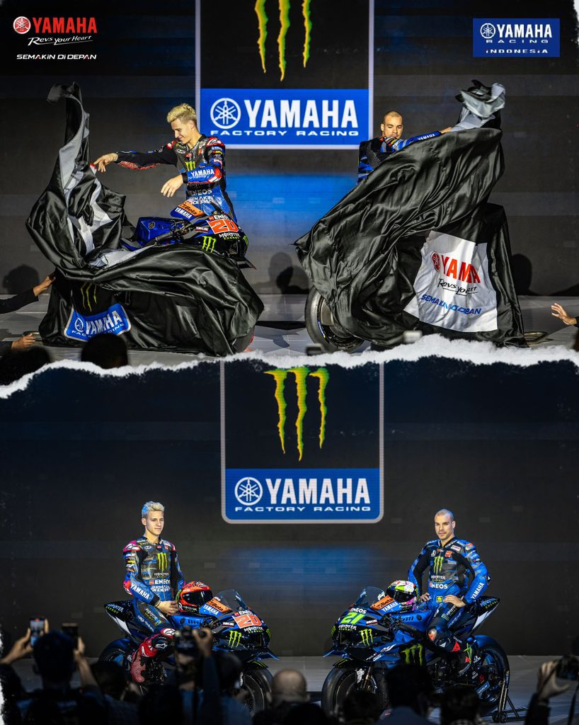 YamahaRacing_Id's tweet photo. Semua mata tertuju pada tim Monster Energy Yamaha MotoGP saat memperkenalkan Yamaha YZR-M1 2023 livery baru di Jakarta, 17 Januari 2023, pada “3S Dealer Meeting” Yamaha Indonesia Motor Manufacturing. https://t.co/vBX2NzjmMm