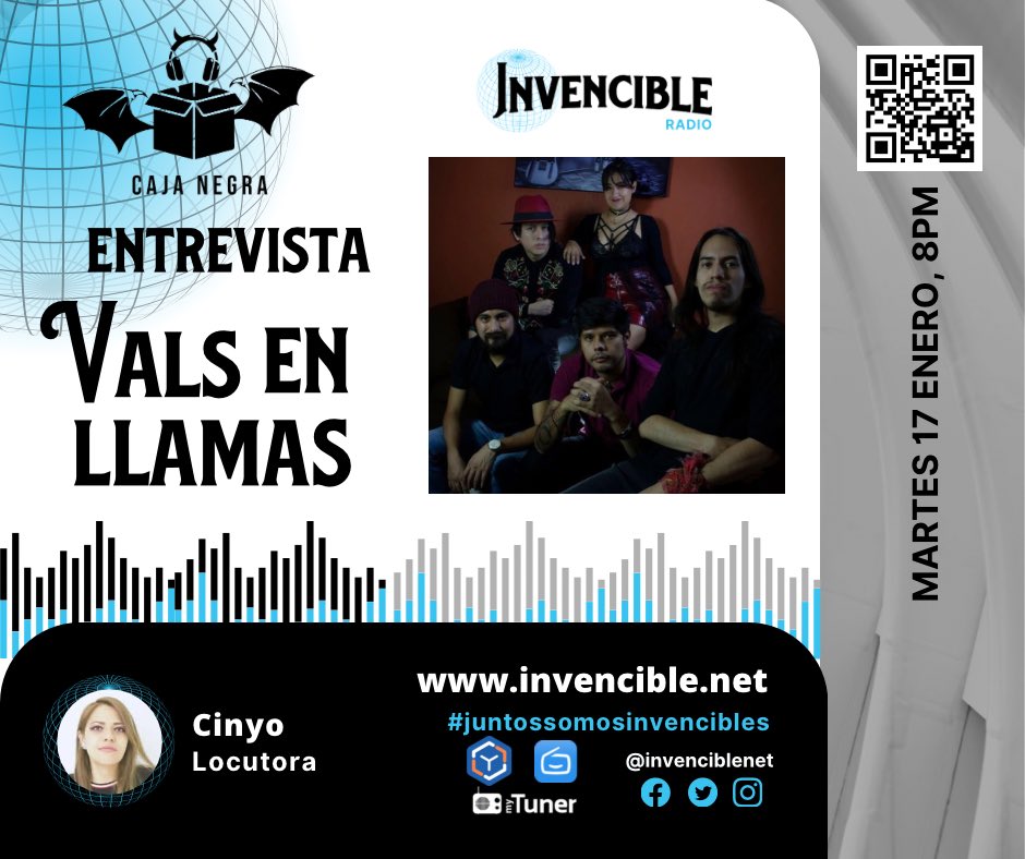 Invenciblenet's tweet photo. En unos minutos @negracajaradio suena con los mejores de la música dark y la entrevista a @valsenllamas 🎸conduce #Cinyo martes 8pm NUEVO HORARIO por 🌐https://t.co/Ly7r9eXcuV #invencibleradio
#juntossomosinvencibles https://t.co/z3Bseh6D6q