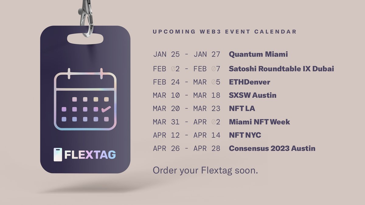 flextag's tweet photo. A stacked calendar to kick off 2023! Which ones will you be heading to? #events #web3 #crypto #NFT #calendar2023 #IRL #flextag https://t.co/tbgEKuZmQs