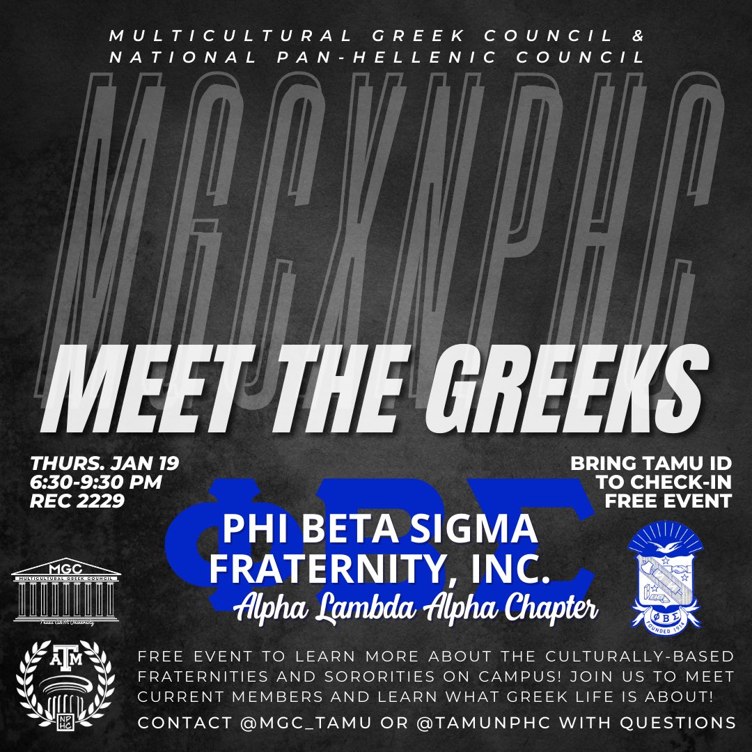 Welcome back to campus! Join us this Thursday for MGCXNPHC Meet the Greeks! We will be in REC 2229 from 6:30-9:30. Come out and learn more about us and the other chapters in both councils. We look forward to Seeing you all! 🤍💙🤟🏾