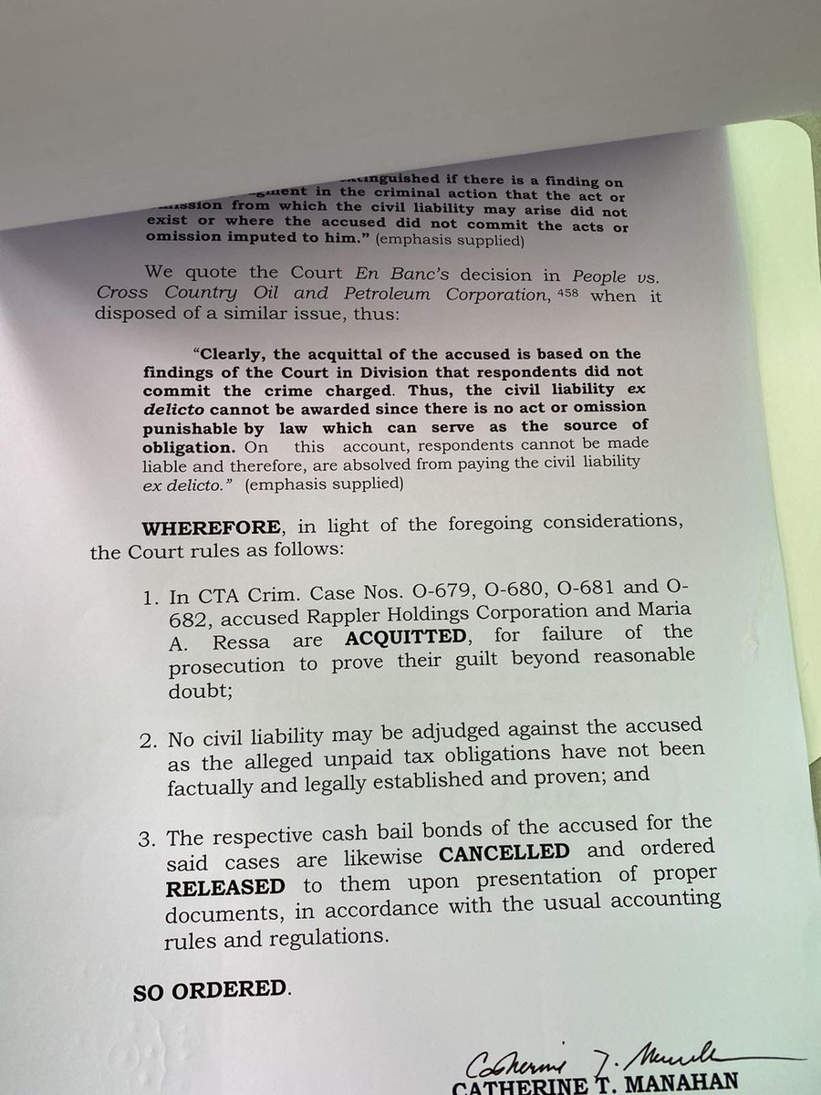 dispositive portion of the Court of Tax Appeals’ acquital of Maria Ressa