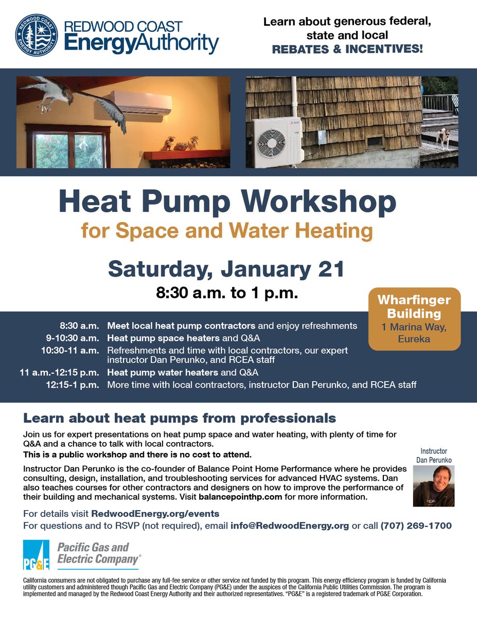 Join RCEA for 2 separate expert presentations on heat pump space &amp; water heating Sat. January 21 at the Wharfinger in Eureka. We'll also have local contractors on-hand, details on rebates, and time for Q&amp;A. No cost. Complete details are here: redwoodenergy.org/events/ #HeatPumps