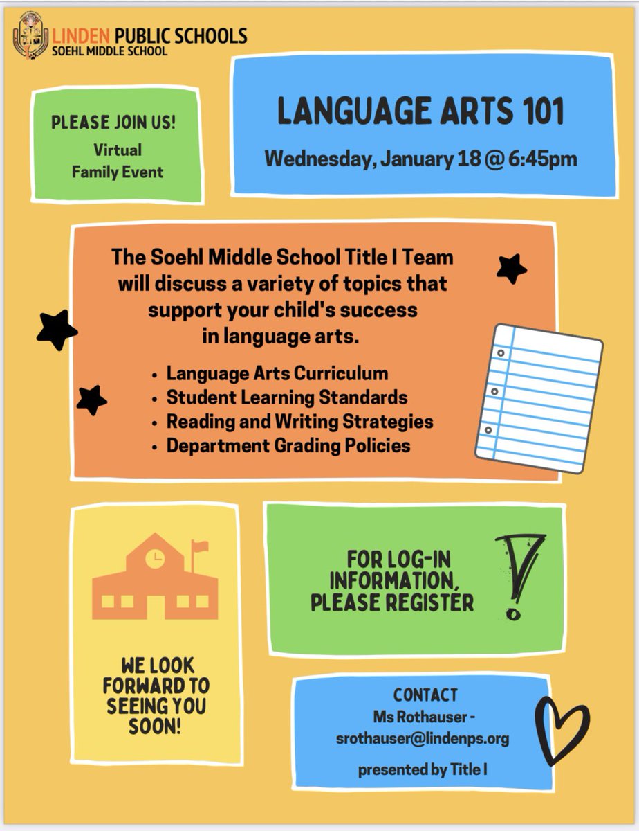 MsRothauser's tweet photo. Please join us tomorrow night for our Title I family event! 🙂🧡🖤 @SoehlLPS @principalglong @jensmithELA @LindenSchoolsNJ @lcvandam https://t.co/Yng1i0flJ6