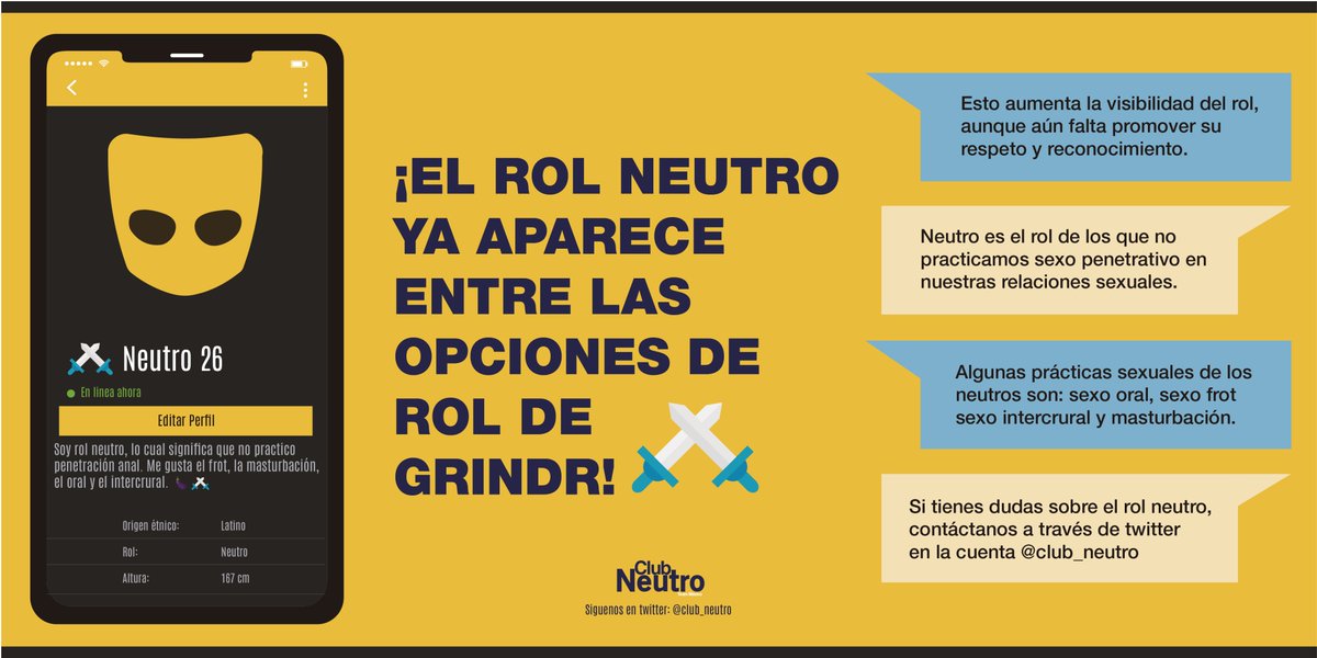 Club_Neutro's tweet photo. En @Grindr ya podemos escoger #Neutro ⚔️como rol. Esto aporta bastante a nuestra visibilidad, pero aun hace hacer más. Y tú, ¿ya configuraste #Neutro como rol en tu perfil? ¿Has encontrado a otros neutros en la app?
#RolNeutro #Side #Gouinage #Gouine https://t.co/LUQah3qbln