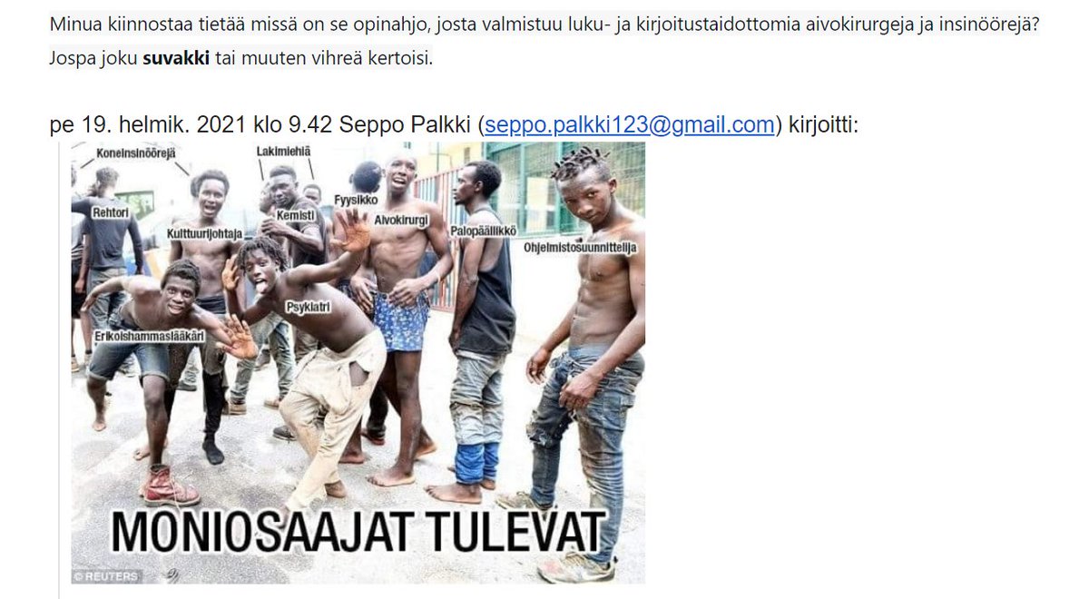 SeppoPalkki's tweet photo. @liandersson @vasemmisto Kenen mielestä @vasemmisto opetusministeri @liandersson mainitsemasta lukutaidottomista, mutta silti korkeakoulutetuista maahantunkeutujissa on mitään järjellistä logiikkaa?
Miten jonkun #matun pystyy "korkeakouluttamaan" lähtömaassaan, jos koulutettava ei osaa lukea? https://t.co/MYLlBXlBTS
