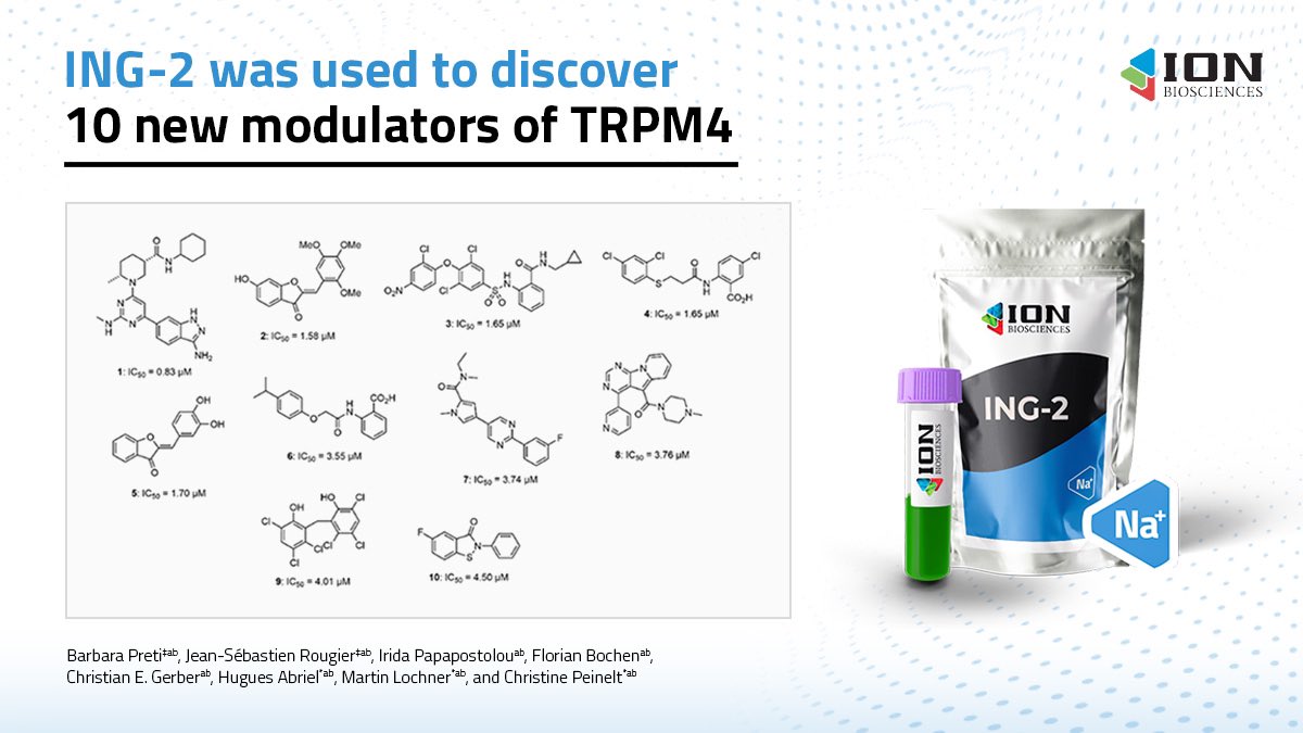 The activity of non-selective cation channels can be measured using ION’s ING-2 and Brilliant Sodium Assays. Researchers at Bern University in collaboration with FAST at Novartis Pharma AG identified 10 novel inhibitors of TRPM4 using #highthroughput screening.