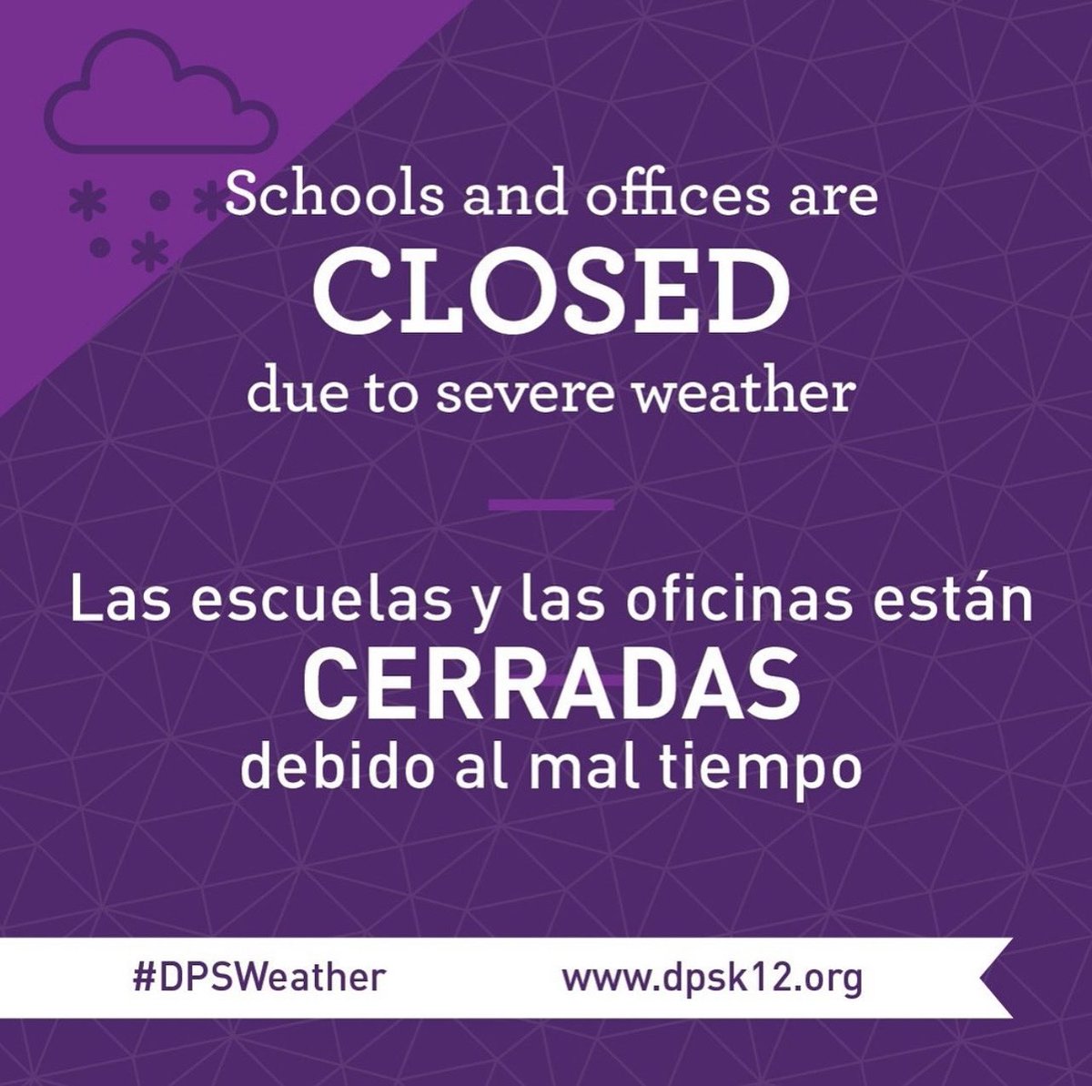 All DPS schools, EGTC, &amp; administrative offices are closed Wednesday, Jan. 18, 2023, due to severe weather. All school-related events &amp; activities, including all Discovery Link &amp; ELCS Enrichment programs, are also canceled. Check dpsk12.org for updates.