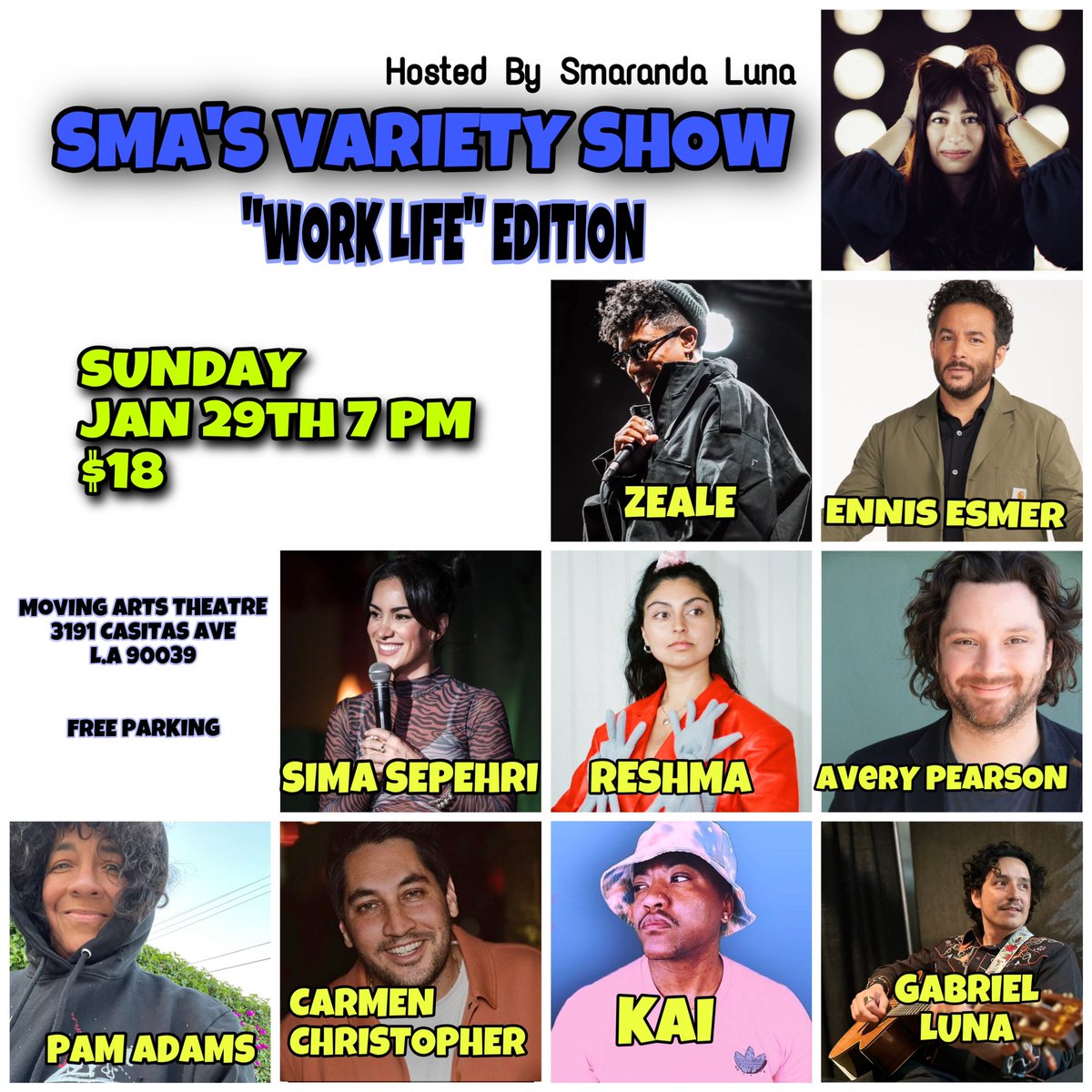 On Sunday, Jan 29th with an incredible line up of comics and musicians, we get to talk about our WORK LIVES

eventbrite.com/e/smas-variety…