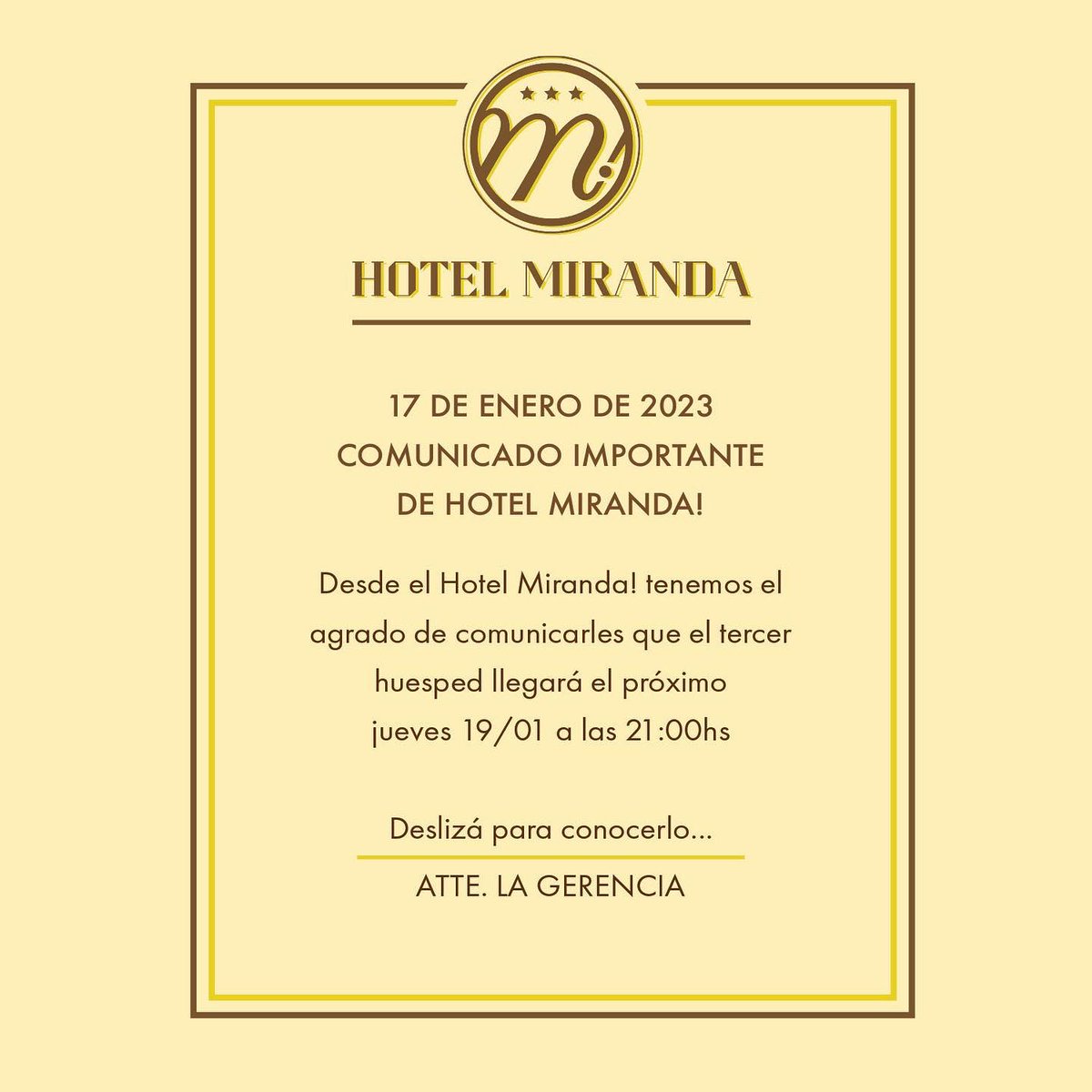 mirandaenvivo's tweet photo. ️❗COMUNICADO IMPORTANTE DESDE LA GERENCIA DEL HOTEL MIRANDA! 
Tenemos el agrado de comunicarles quién es nuestrx próximx huésped.
 
▶️ #YoTeDiré  
Jueves 19 a las 21:00 Argentina – 6:00 PM México https://t.co/P4vBWAyReB