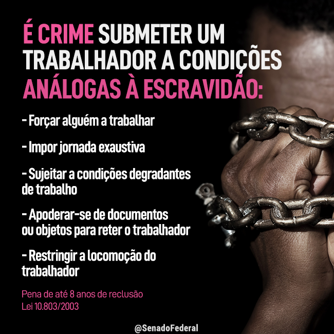 SenadoFederal's tweet image. Infelizmente, ainda nos dias de hoje há casos de pessoas que são escravizadas. A Lei 10.803/2003  prevê as punições para quem escravizar um trabalhador: bit.ly/Lei-Trabalho-E….