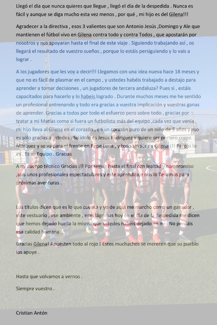 Hasta aquí llegó la aventura <a href="/GilenaCF/">Gilena C.F.</a>  
Espectaculares estos 18 meses . Sólo puedo dar las gracias . 
Que volvamos a vernos