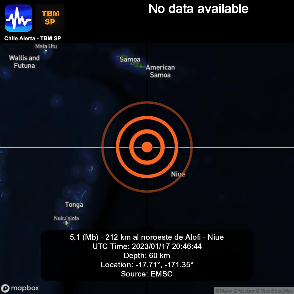 ChileAlertaApp's tweet photo. New #Earthquake. 🌎
5.1 (Mb) - 212 km al noroeste de Alofi - Niue.
2023/01/17 20:46:44 UTC.
App: https://t.co/RblVNxZYn8
#Alofi #Niue #earthquake #sismo #temblor #terremoto https://t.co/cNv87jEkkW