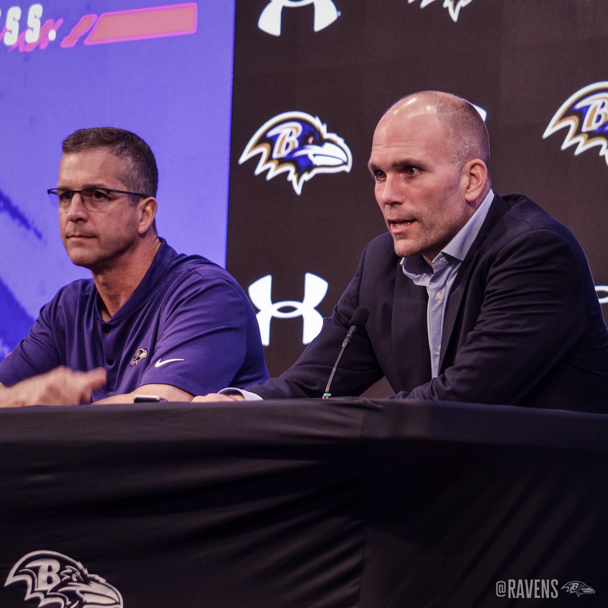 Ravens's tweet photo. Head Coach John Harbaugh and GM Eric DeCosta will address the media Thursday at 2:30 p.m. 

Livestream will be available on our Facebook and YT pages as well as our mobile app and website. https://t.co/OZdPLCTtCy